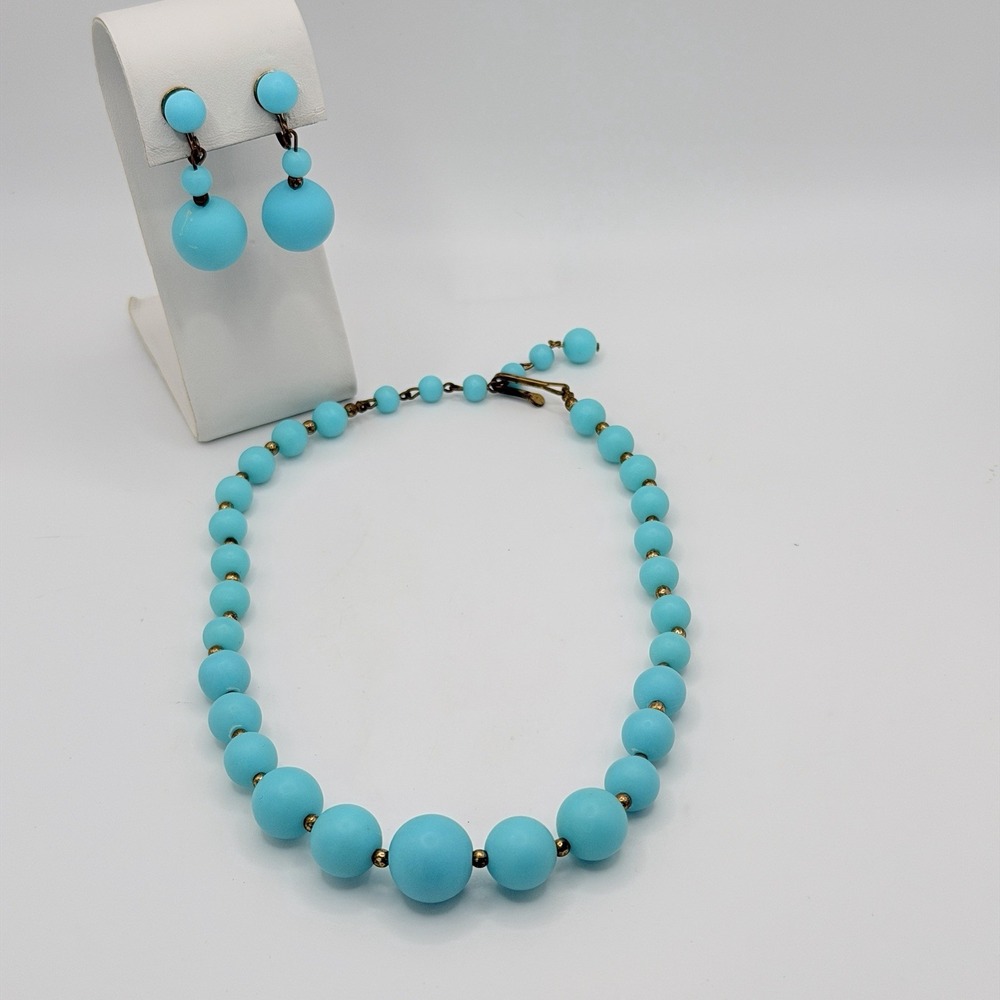 Turquoise Blue Gold Necklace & Clip On Earring Vintage Plastic Graduated Bead